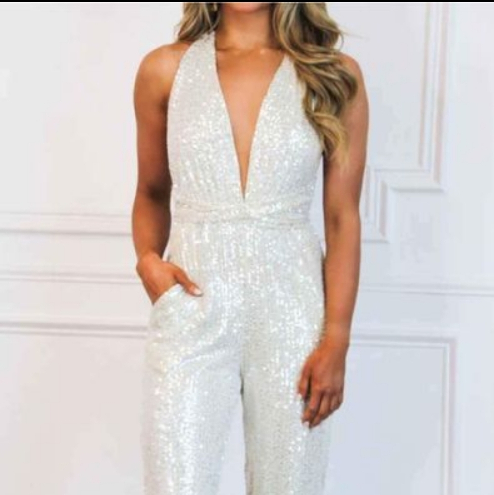 Bella and Bloom Champagne (White-Silver & Gold) Sequins Jumpsuit - Picture 2 of 6
